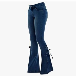 ◾️Y2K Inspired Blue Flare Bell Bottom Jeans with Side Lace Up Ties